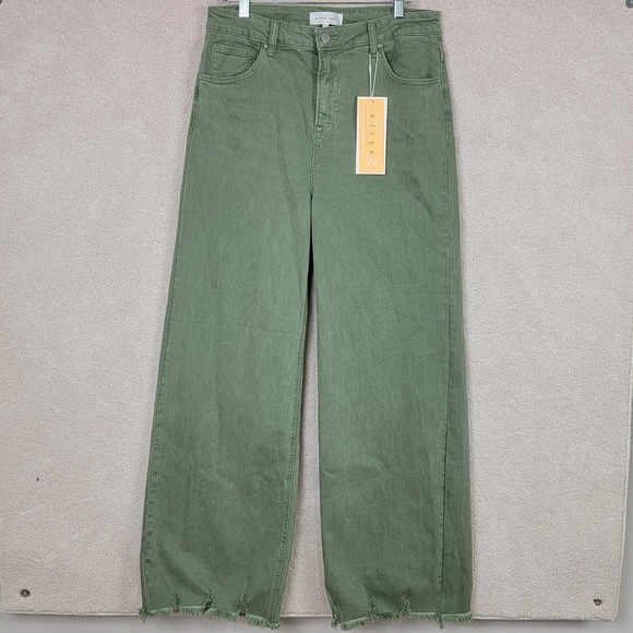 RISEN NEW Women's 1XL Olive High Rise Wide Leg Distressed Raw Hem Denim Jeans - Picture 2 of 12